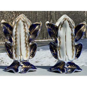 PAIR of Antique Victorian Blue Gilt Porcelain Leaves Vase Art Nouveau Mantel